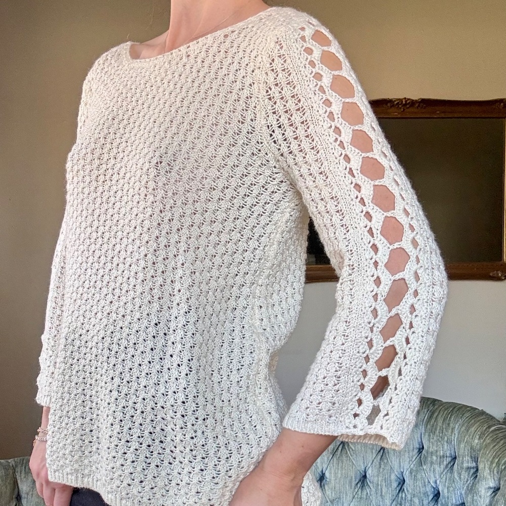 Ivory Open Knit Sweater Oversized Crochet Bell Sleeve Small